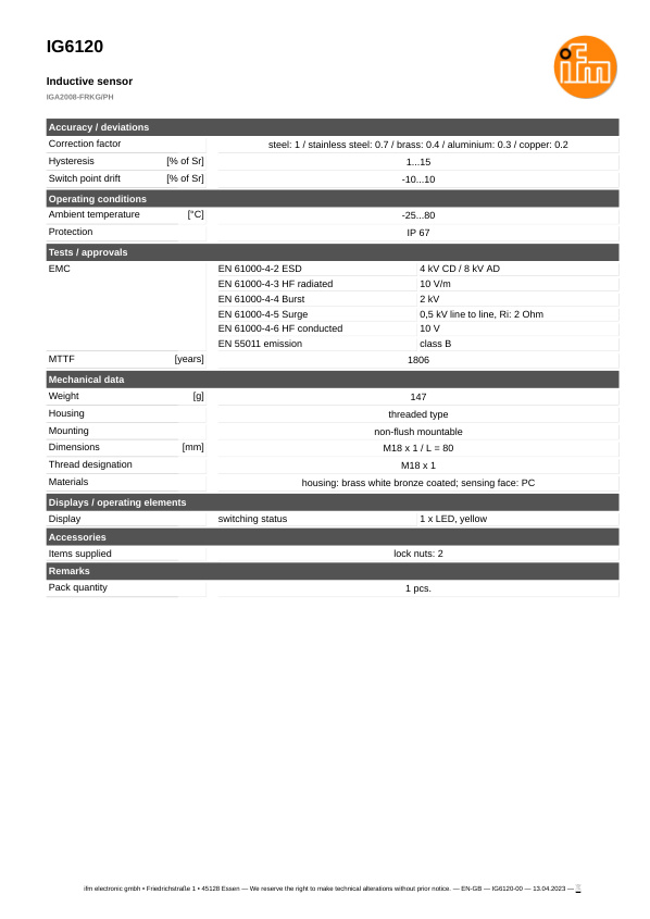 IG6120 \ Inductive sensor \ Range 8 mm \ PNP/NPN NO/NC \ M18 \ Connector M12 datasheet