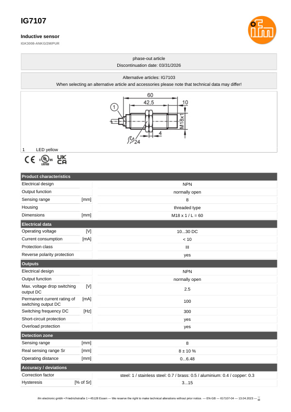 IG7107 \ Inductive sensor \ Range 8 mm \ NPN NO \ M18 \ Connector M12 datasheet