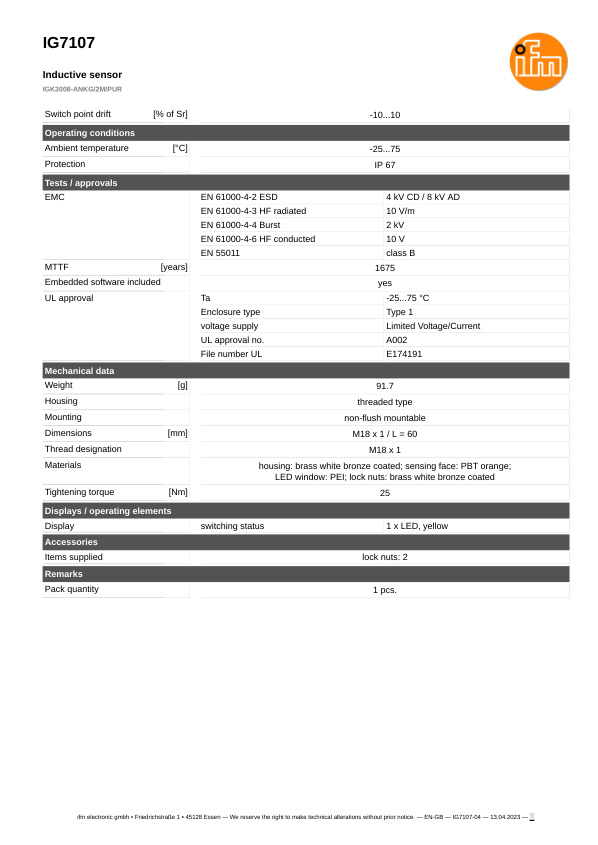 IG7107 \ Inductive sensor \ Range 8 mm \ NPN NO \ M18 \ Connector M12 datasheet
