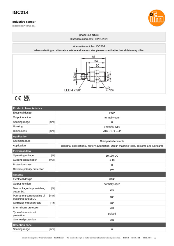 IGC214 \ Inductive sensor \ Range 8 mm \ PNP NO \ M18 \ Connector M12 datasheet