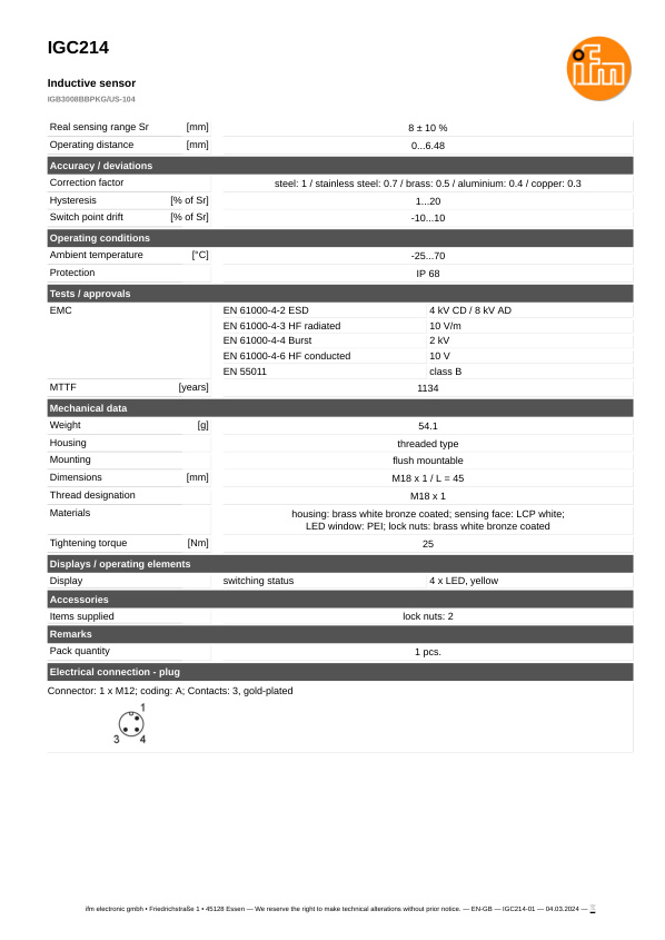 IGC214 \ Inductive sensor \ Range 8 mm \ PNP NO \ M18 \ Connector M12 datasheet