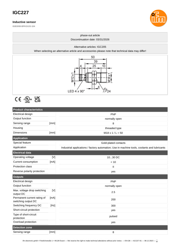 IGC227 \ Inductive sensor \ Range 8 mm \ PNP NO \ M18 \ Connector M12 datasheet