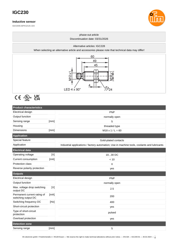 IGC230 \ Inductive sensor \ Range 5 mm \ PNP NO \ M18 \ Connector M12 datasheet