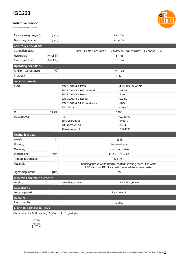 IGC230 \ Inductive sensor \ Range 5 mm \ PNP NO \ M18 \ Connector M12 datasheet