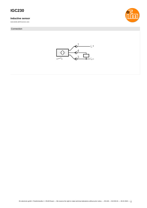 IGC230 \ Inductive sensor \ Range 5 mm \ PNP NO \ M18 \ Connector M12 datasheet