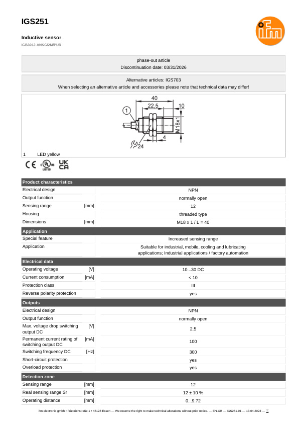 IGS251 \ Inductive sensor \ Range 12 mm \ NPN NO \ M18 \ Cable PUR 2m datasheet