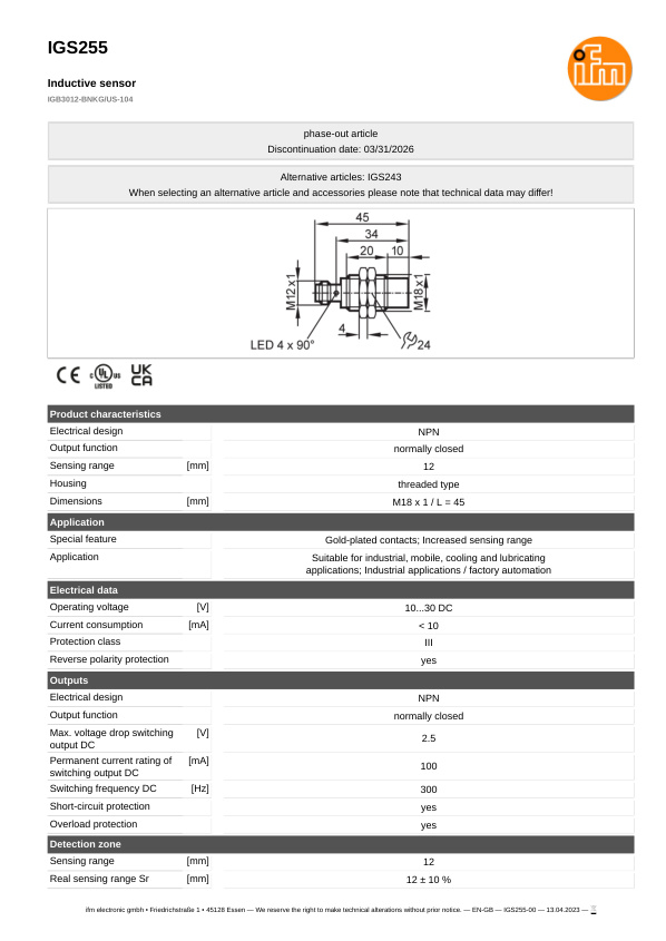 IGS255 \ Inductive sensor \ Range 12 mm \ NPN NC \ M18 \ Connector M12 datasheet