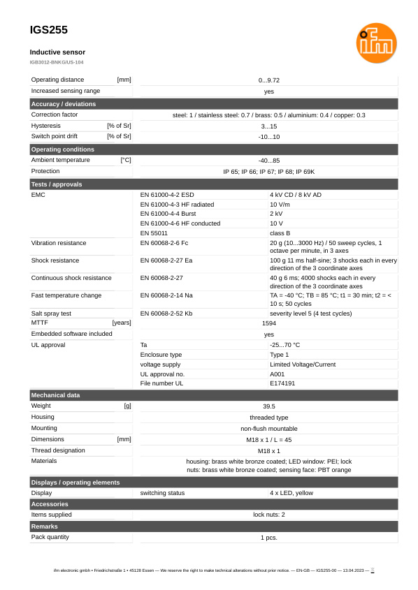 IGS255 \ Inductive sensor \ Range 12 mm \ NPN NC \ M18 \ Connector M12 datasheet