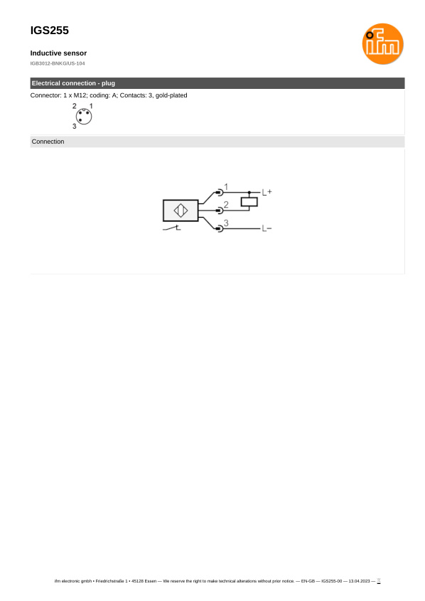 IGS255 \ Inductive sensor \ Range 12 mm \ NPN NC \ M18 \ Connector M12 datasheet