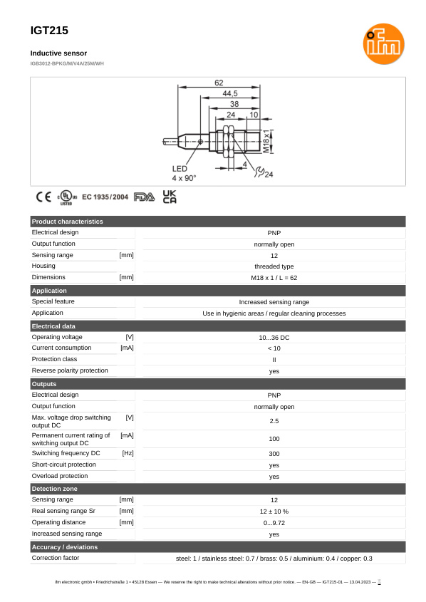 IGT215 \ Inductive sensor \ Range 12 mm \ PNP NO \ M18 \ Cable PVC 25m datasheet