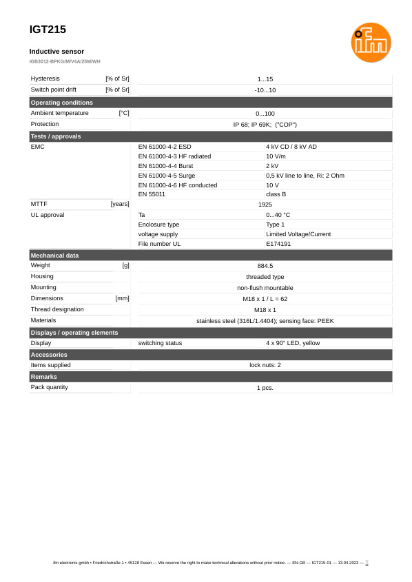 IGT215 \ Inductive sensor \ Range 12 mm \ PNP NO \ M18 \ Cable PVC 25m datasheet