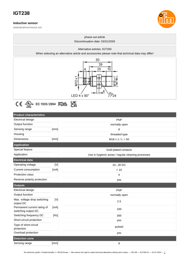 IGT238 \ Inductive sensor \ Range 8 mm \ PNP NO \ M18 \ Connector M12 datasheet