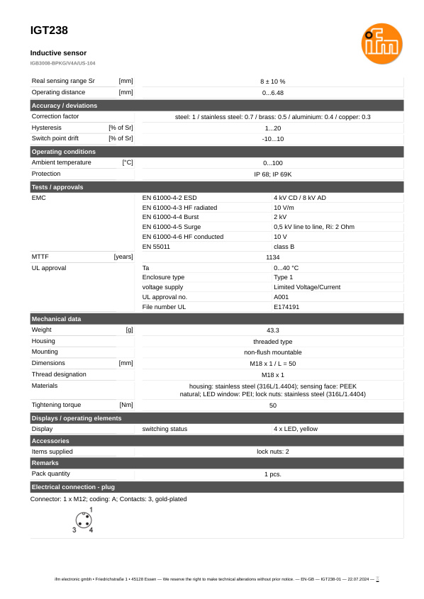 IGT238 \ Inductive sensor \ Range 8 mm \ PNP NO \ M18 \ Connector M12 datasheet