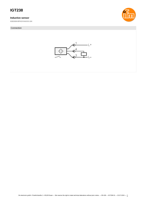 IGT238 \ Inductive sensor \ Range 8 mm \ PNP NO \ M18 \ Connector M12 datasheet