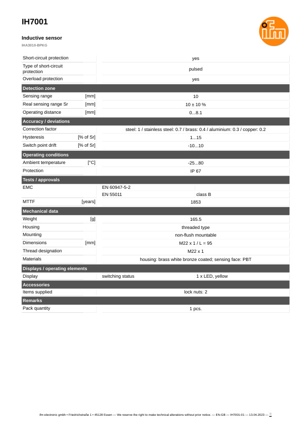 IH7001 \ Inductive sensor \ Range 10 mm \ PNP NO \ M22 \ Connector M12 datasheet