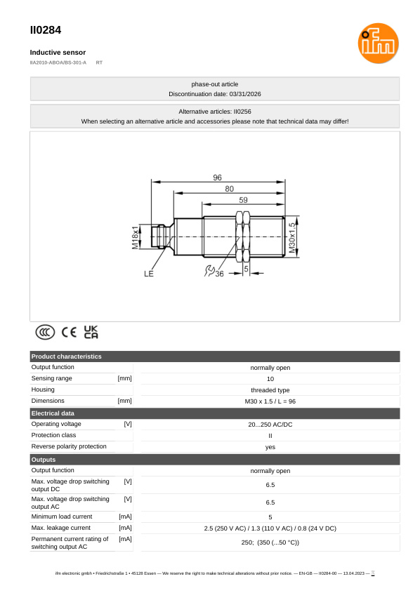 II0284 \ Inductive sensor \ Range 10 mm \ AC/DC NO \ M30 \ Connector M18 datasheet