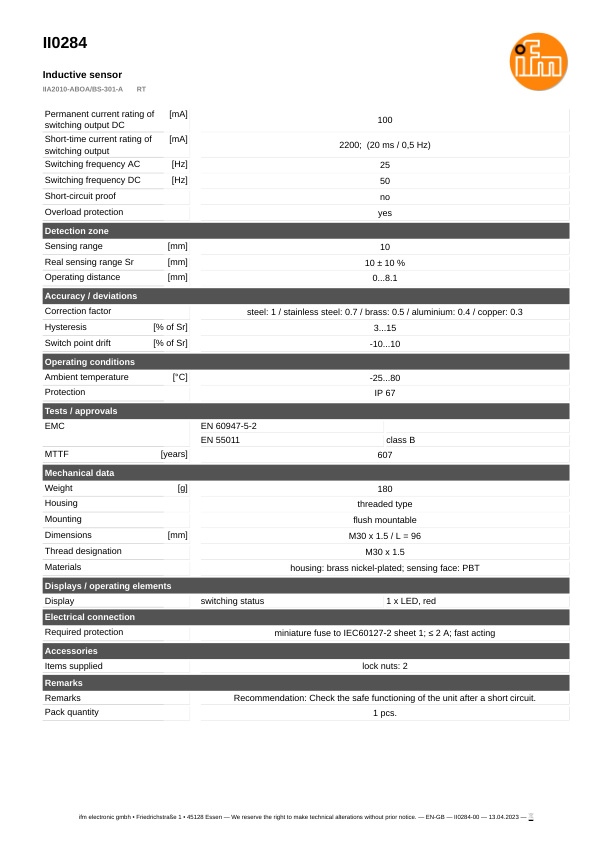 II0284 \ Inductive sensor \ Range 10 mm \ AC/DC NO \ M30 \ Connector M18 datasheet
