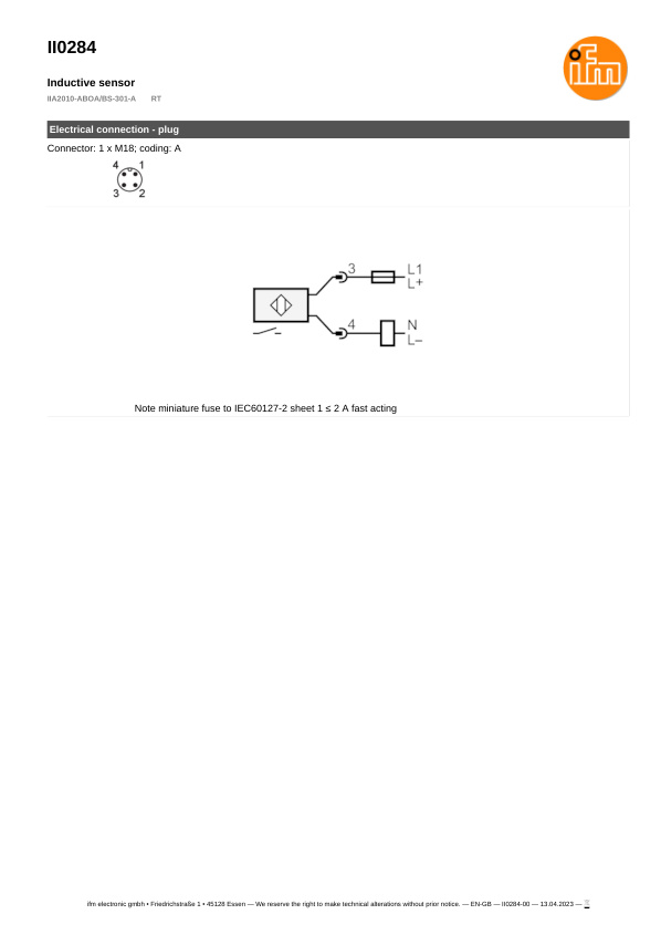 II0284 \ Inductive sensor \ Range 10 mm \ AC/DC NO \ M30 \ Connector M18 datasheet