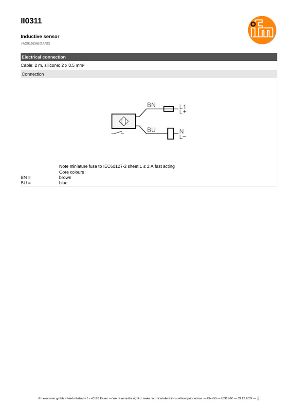 II0311 \ Inductive sensor \ Range 10 mm \ AC/DC NO \ M30 \ Cable silicone 2m datasheet