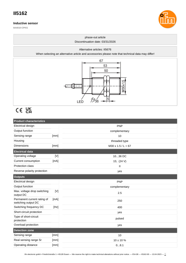 II5162 \ Inductive sensor \ Range 10 mm \ PNP Complementary \ M30 \ Cable PVC 2m datasheet