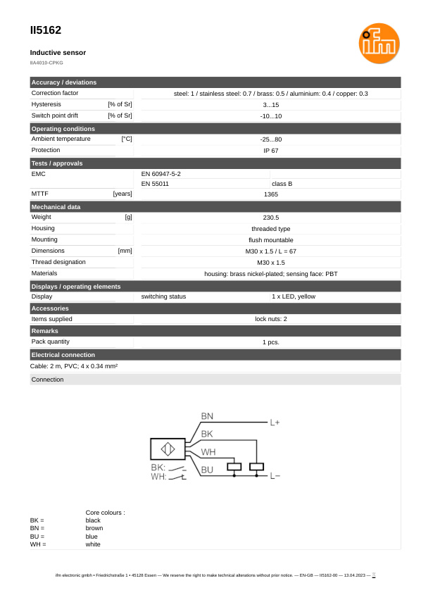 II5162 \ Inductive sensor \ Range 10 mm \ PNP Complementary \ M30 \ Cable PVC 2m datasheet