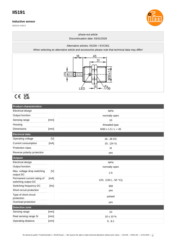 II5191 \ Inductive sensor \ Range 10 mm \ NPN NO \ M30 \ Cable PVC 2m datasheet