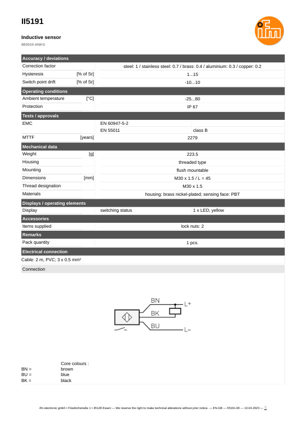 II5191 \ Inductive sensor \ Range 10 mm \ NPN NO \ M30 \ Cable PVC 2m datasheet