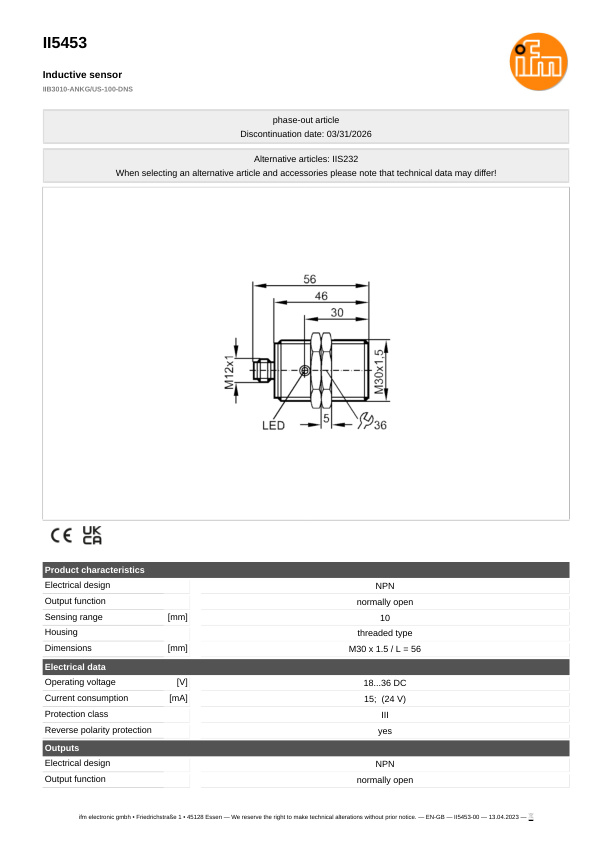 II5453 \ Inductive sensor \ Range 10 mm \ NPN NO \ M30 \ Connector M12 datasheet