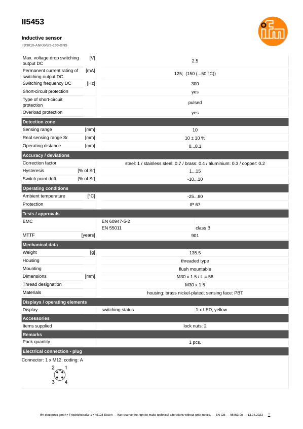II5453 \ Inductive sensor \ Range 10 mm \ NPN NO \ M30 \ Connector M12 datasheet