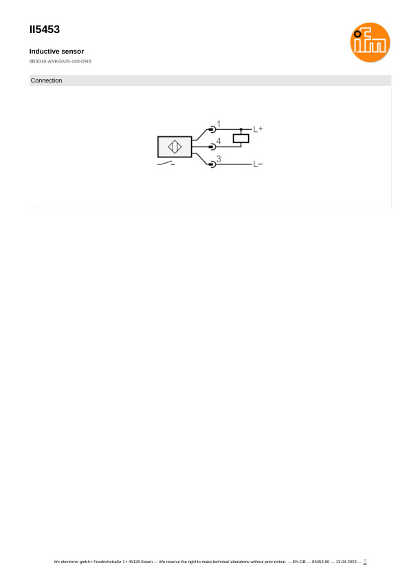 II5453 \ Inductive sensor \ Range 10 mm \ NPN NO \ M30 \ Connector M12 datasheet