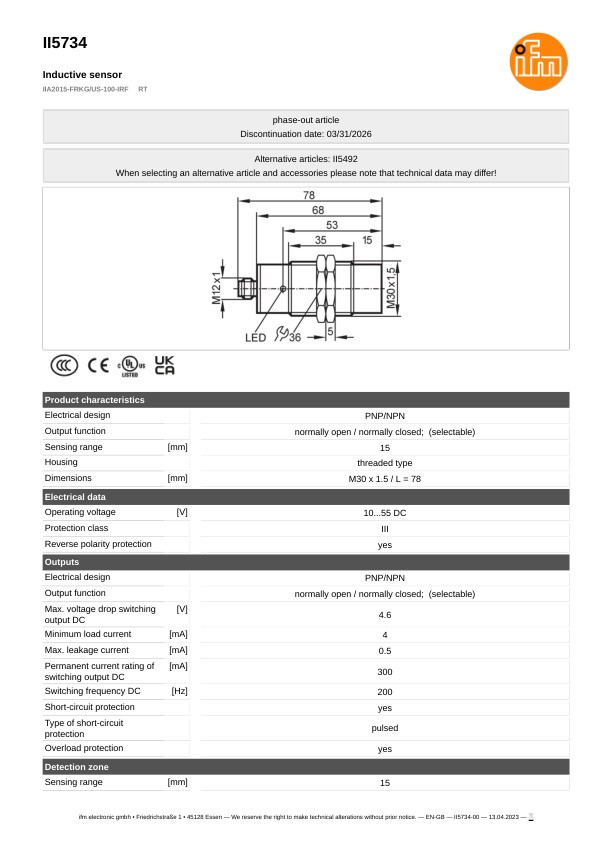 II5734 \ Inductive sensor \ Range 15 mm \ PNP/NPN NO/NC \ M30 \ Connector M12 datasheet
