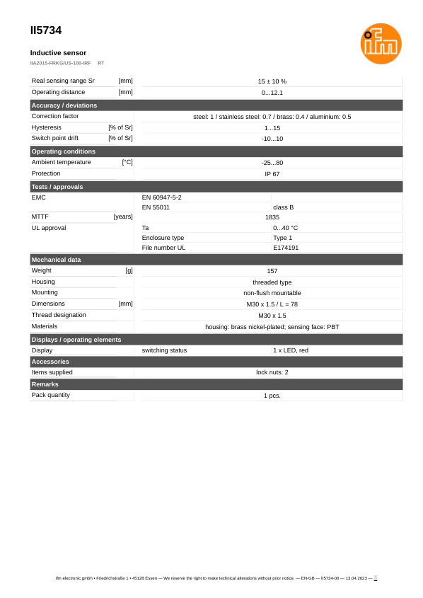 II5734 \ Inductive sensor \ Range 15 mm \ PNP/NPN NO/NC \ M30 \ Connector M12 datasheet