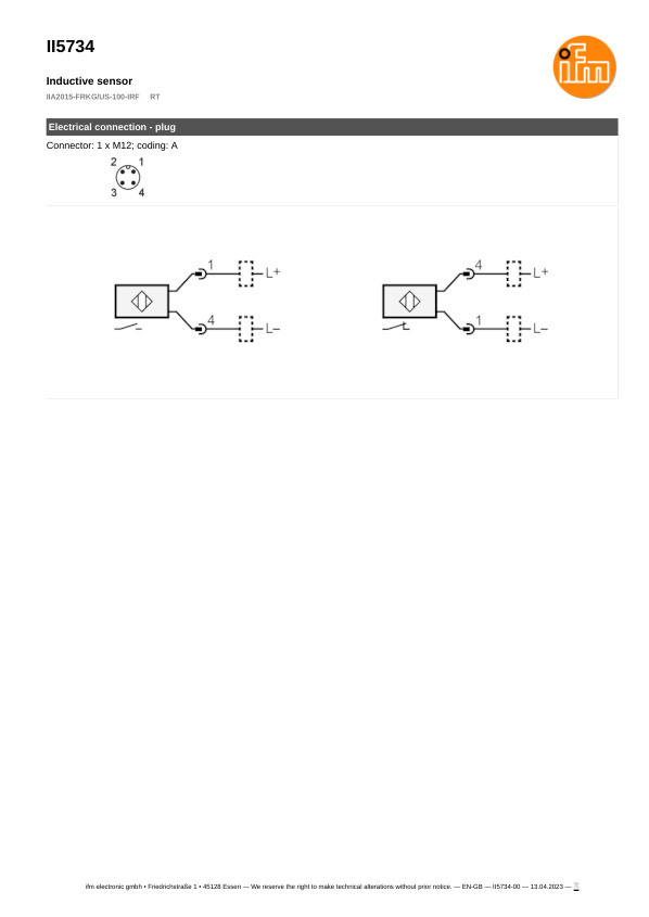 II5734 \ Inductive sensor \ Range 15 mm \ PNP/NPN NO/NC \ M30 \ Connector M12 datasheet
