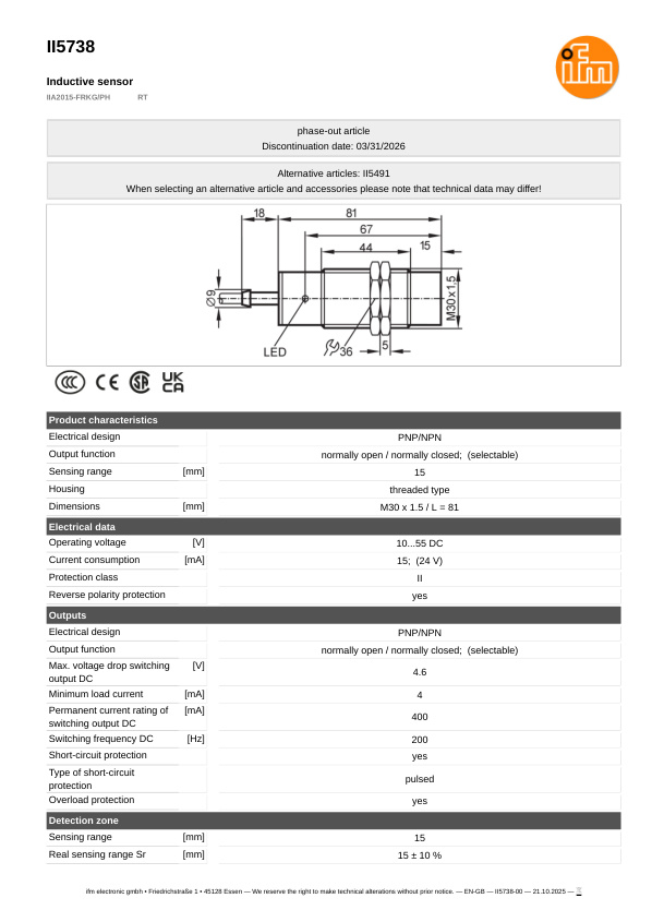 II5738 \ Inductive sensor \ Range 15 mm \ PNP/NPN NO/NC \ M30 \ Cable PUR 2 m datasheet