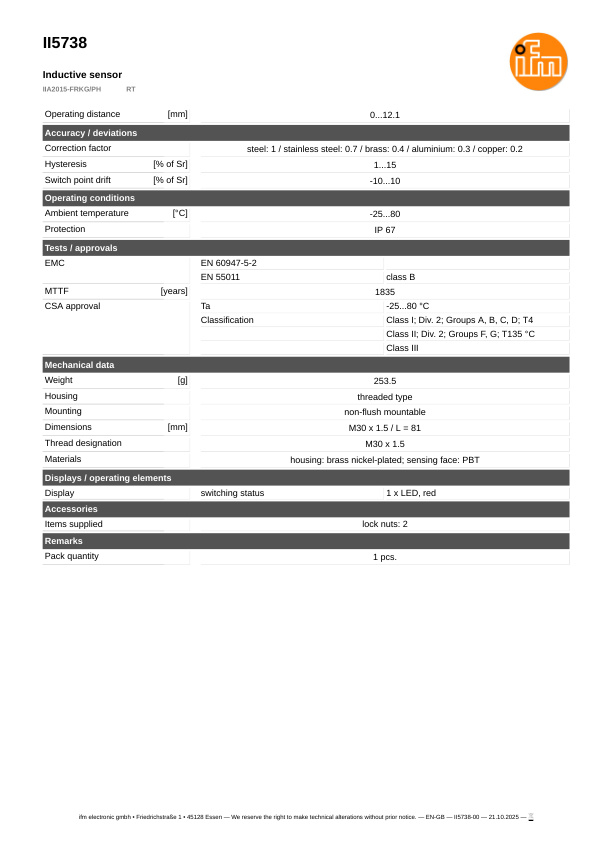 II5738 \ Inductive sensor \ Range 15 mm \ PNP/NPN NO/NC \ M30 \ Cable PUR 2 m datasheet