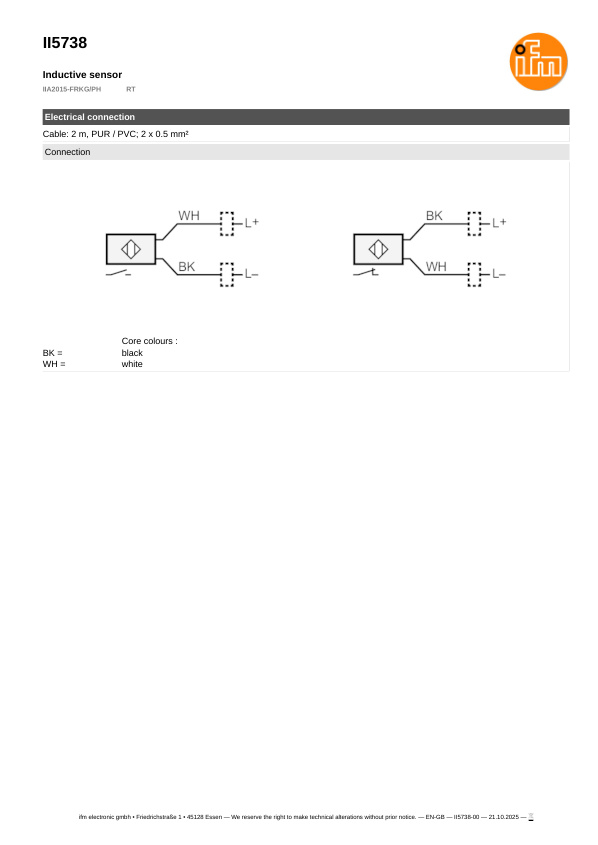 II5738 \ Inductive sensor \ Range 15 mm \ PNP/NPN NO/NC \ M30 \ Cable PUR 2 m datasheet