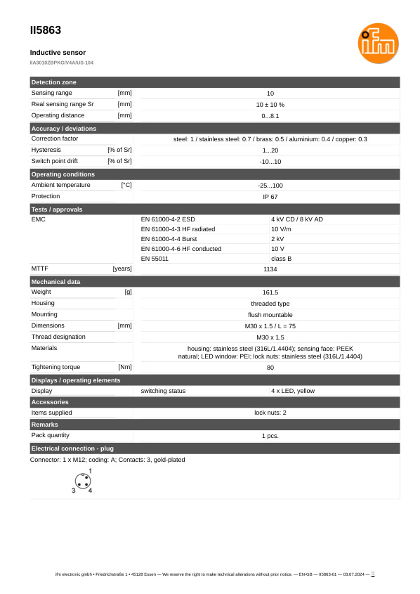 II5863 \ Inductive sensor \ Range 10 mm \ PNP NO \ M30 \ Connector M12 datasheet