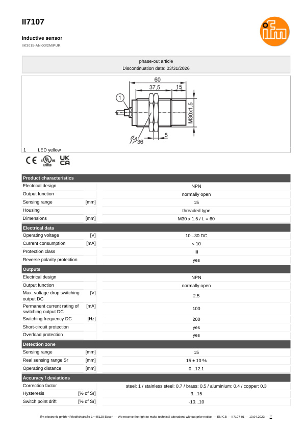 II7107 \ Inductive sensor \ Range 15 mm \ NPN NO \ M30 \ Cable PUR 2m datasheet