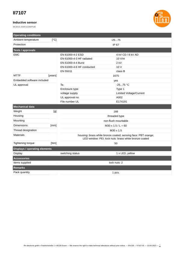 II7107 \ Inductive sensor \ Range 15 mm \ NPN NO \ M30 \ Cable PUR 2m datasheet