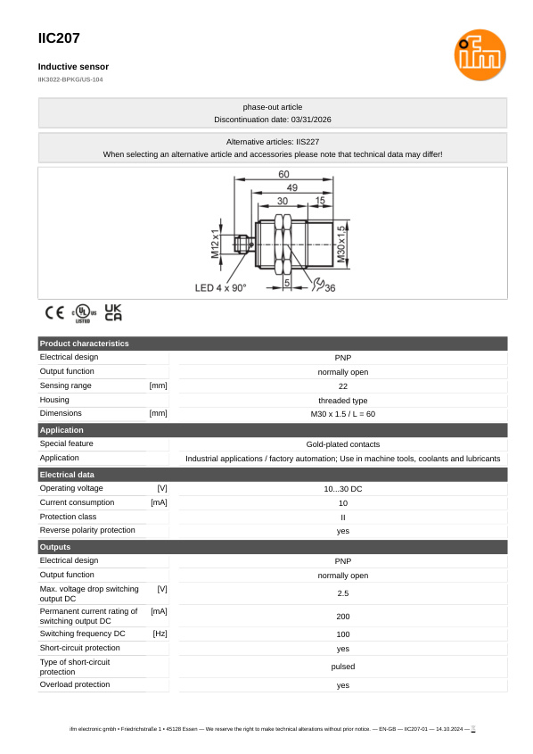 IIC207 \ Inductive sensor \ Range 22 mm \ PNP NO \ M30 \ Connector M12 datasheet