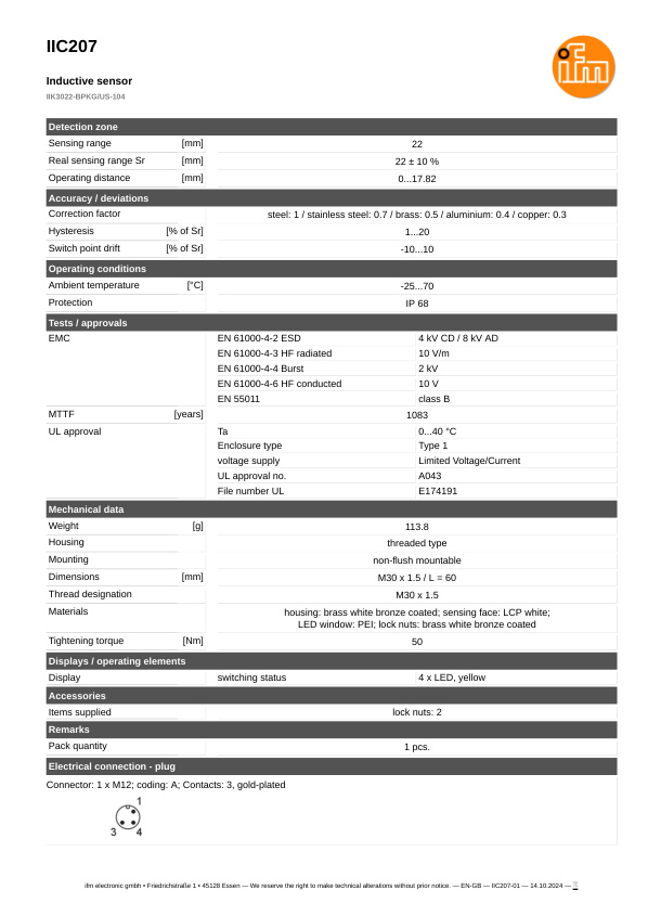 IIC207 \ Inductive sensor \ Range 22 mm \ PNP NO \ M30 \ Connector M12 datasheet