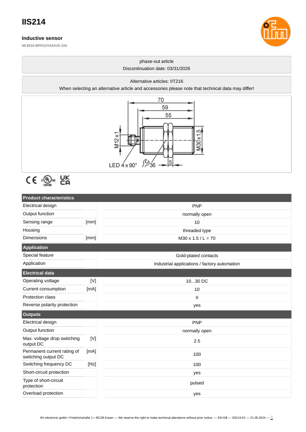 IIS214 \ Inductive sensor \ Range 10 mm \ PNP NO \ M30 \ Connector M12 datasheet