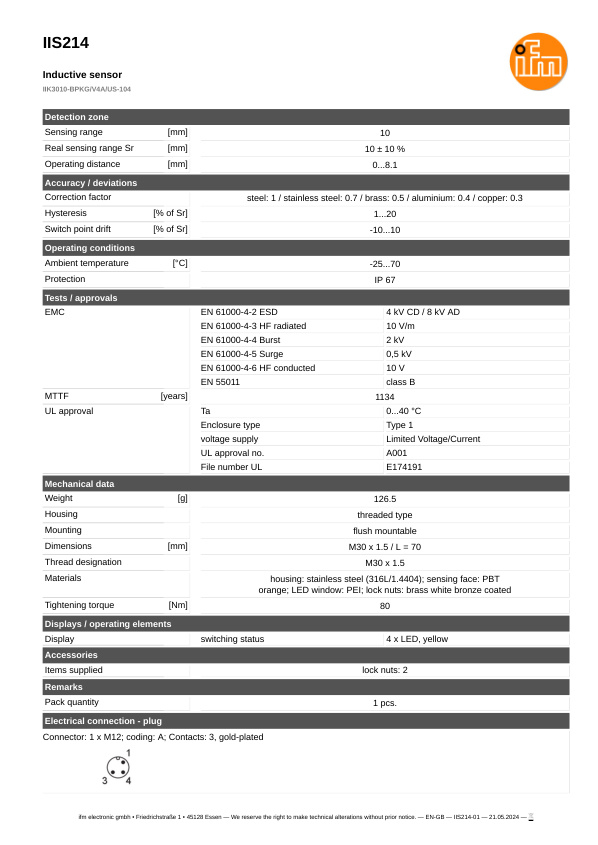 IIS214 \ Inductive sensor \ Range 10 mm \ PNP NO \ M30 \ Connector M12 datasheet