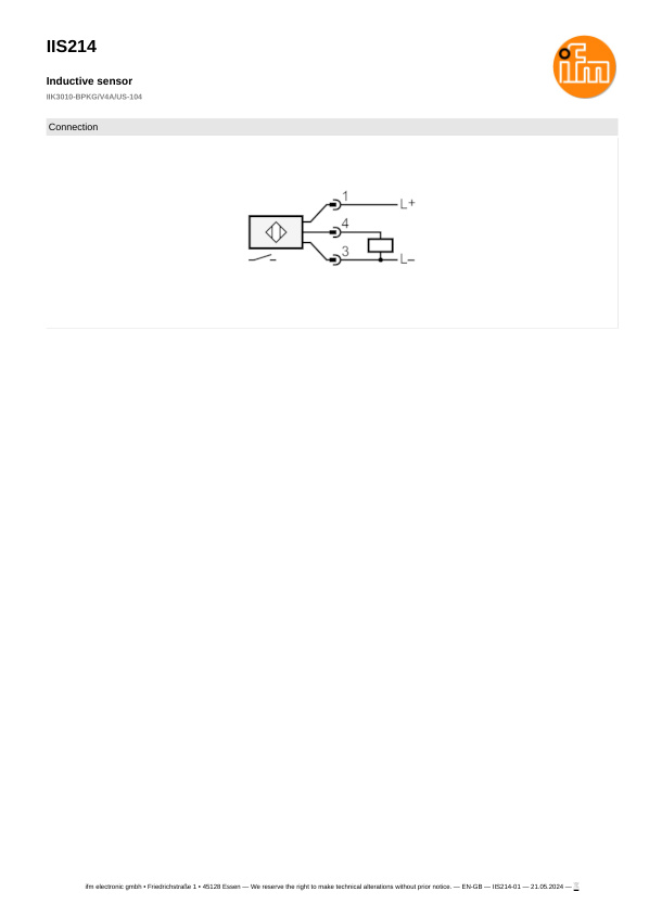 IIS214 \ Inductive sensor \ Range 10 mm \ PNP NO \ M30 \ Connector M12 datasheet