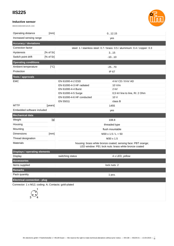 IIS225 \ Inductive sensor \ Range 15 mm \ NPN NO \ M30 \ Connector M12 datasheet