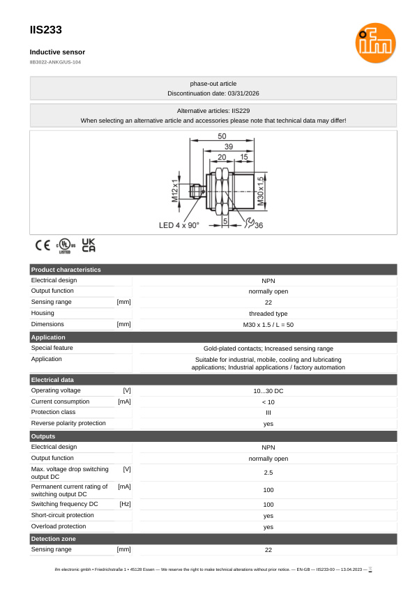 IIS233 \ Inductive sensor \ Range 22 mm \ NPN NO \ M30 \ Connector M12 datasheet