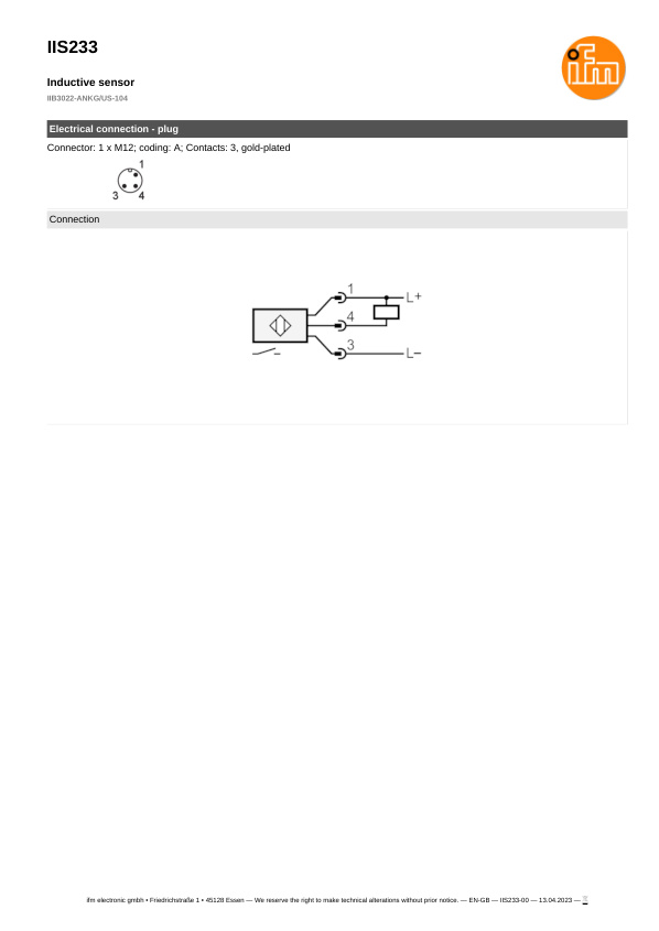 IIS233 \ Inductive sensor \ Range 22 mm \ NPN NO \ M30 \ Connector M12 datasheet