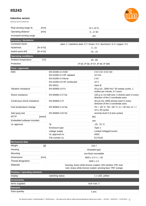 IIS243 \ Inductive sensor \ Range 22 mm \ PNP NO \ M30 \ Cable PUR 2m datasheet