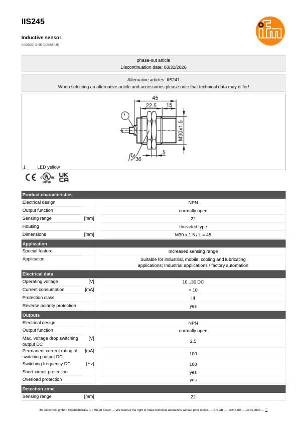 IIS245 \ Inductive sensor \ Range 22 mm \ NPN NO \ M30 \ Cable PUR 2 m datasheet
