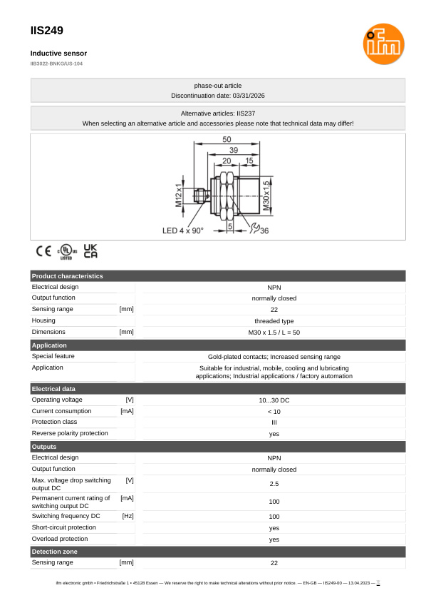 IIS249 \ Inductive sensor \ Range 22 mm \ NPN NC \ M30 \ Connector M12 datasheet
